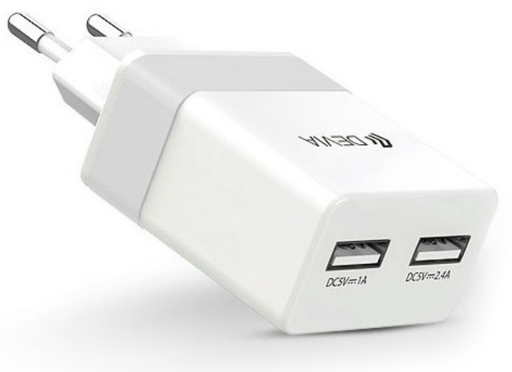 СЗУ адаптер 2 USB 2,4A Rockwall 2 Travel Charger белый+серебряный, Devia фото 1